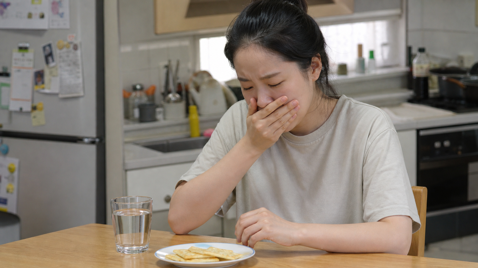집 주방 테이블에서 입덧으로 메스꺼워하는 여성의 모습