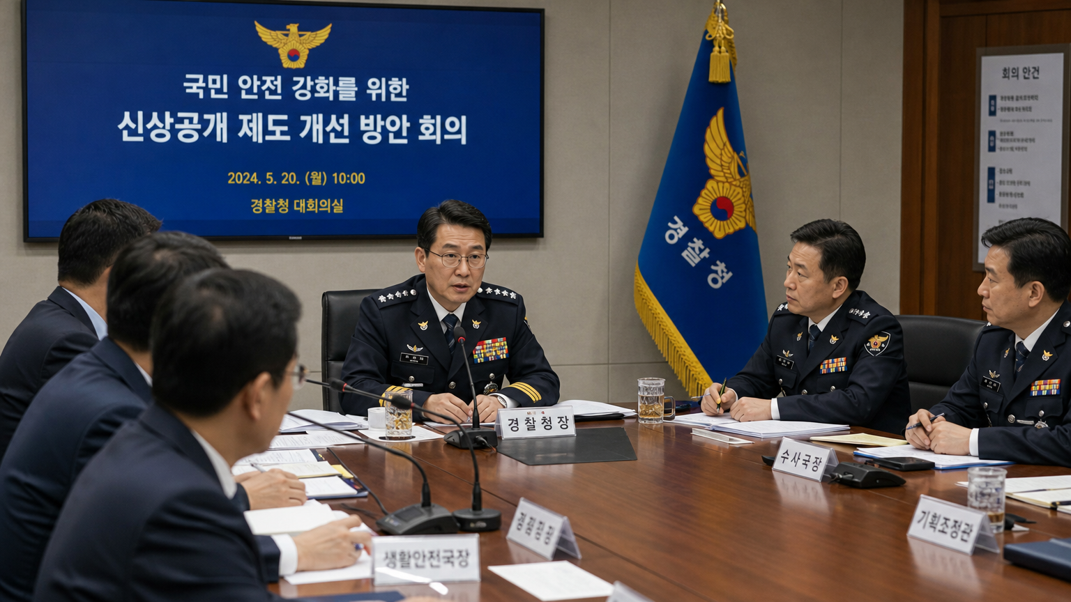 한국 경찰관들이 신상 공개 및 공공 안전 조치를 논의하는 회의실