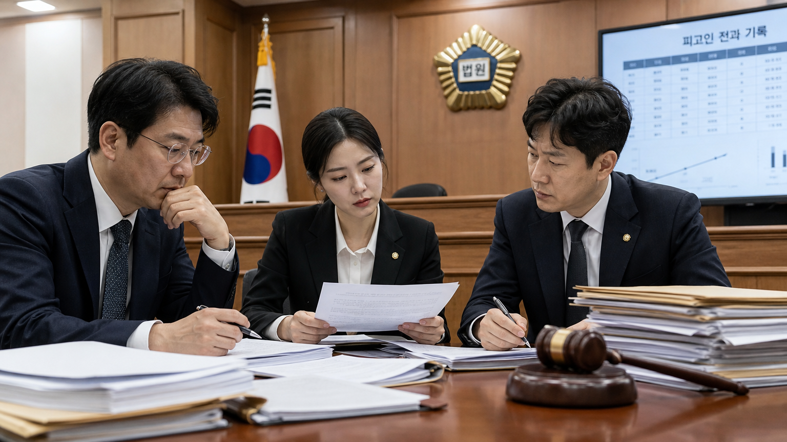 법정에서 심각한 표정으로 과거 범죄 기록을 검토하는 한국 법률 전문가들