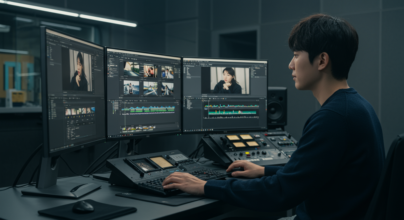 고급 편집실에서 CapCut 소프트웨어로 비디오 클립을 편집하는 숙련된 에디터