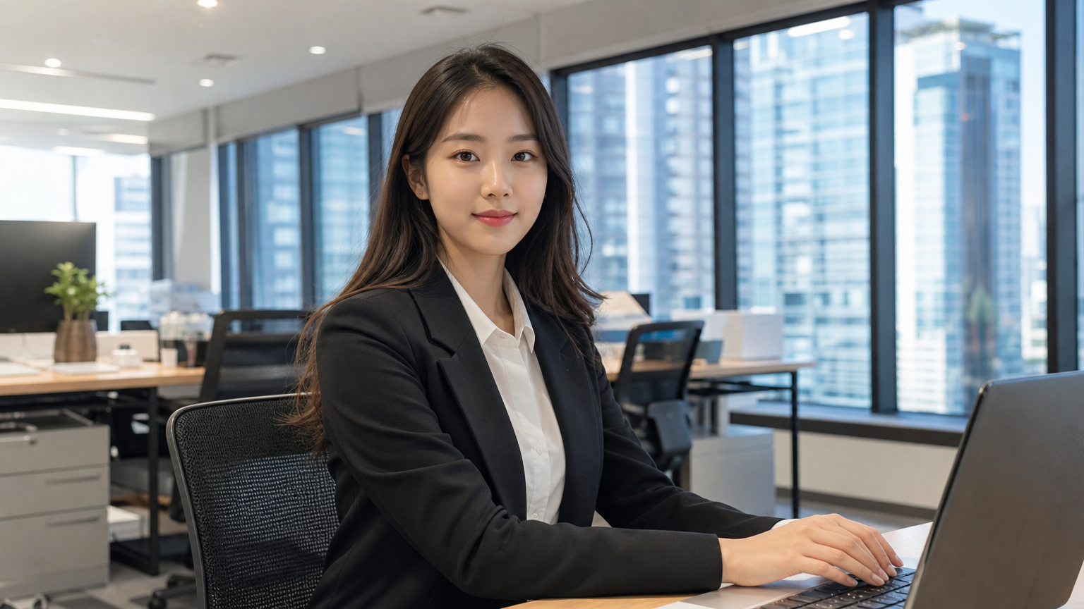 젊은 여성이 현대적인 사무실에서 자신감 있게 일을 시작하는 모습