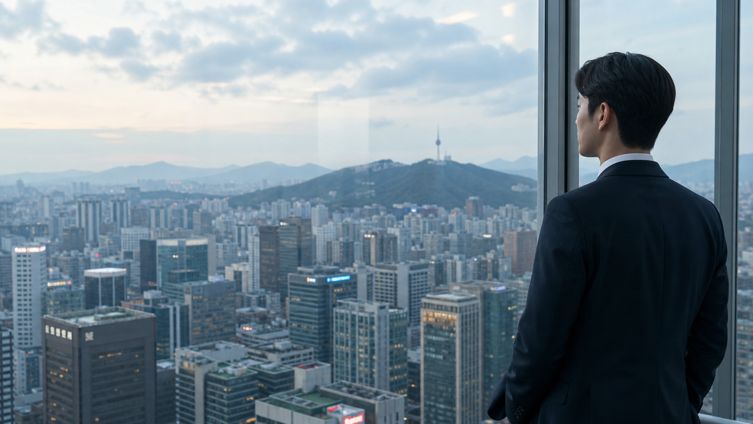 서울 시내를 내려다보며 국내 커리어 기회를 고민하는 젊은 직장인의 모습