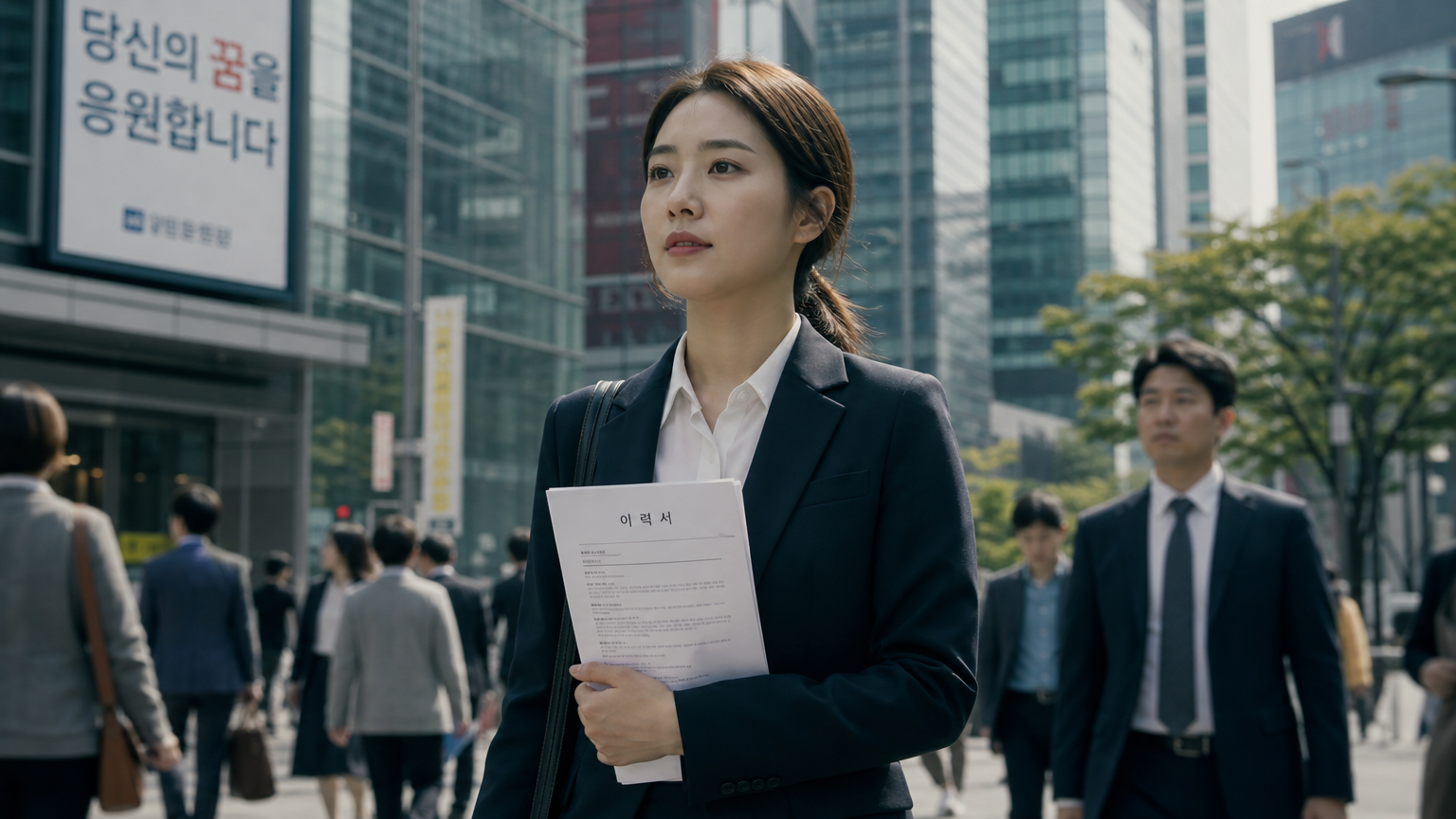 번화한 비즈니스 거리에서 이력서를 들고 면접에 참석하는 결심이 굳은 젊은 여성의 모습