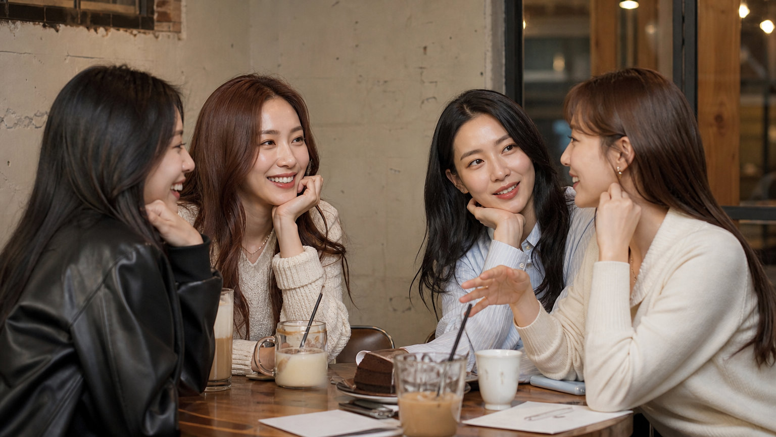 카페에서 모여 앉아 이야기 나누는 네 명의 여성 모습