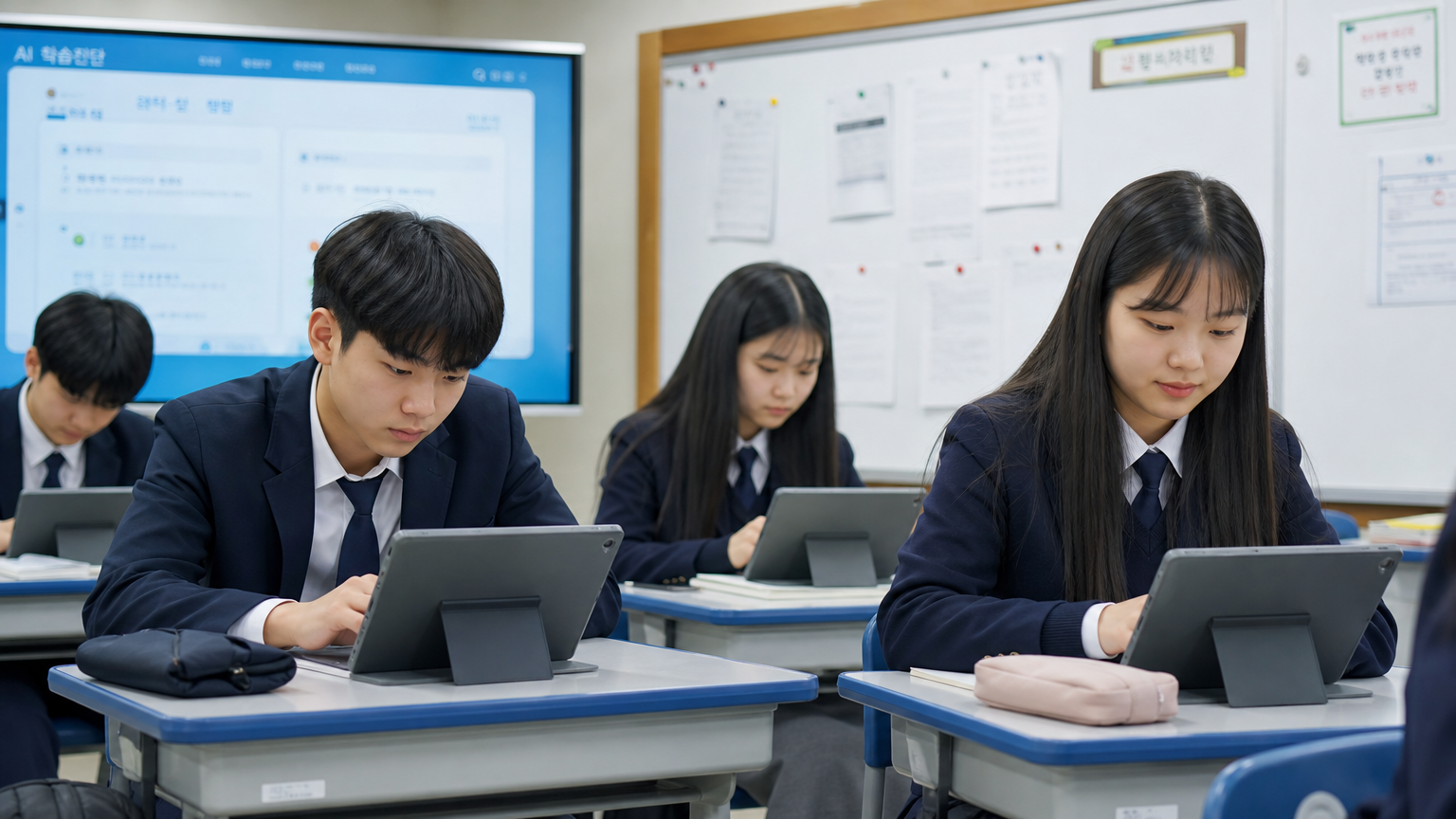 학생들이 태블릿을 이용해 교육용 AI 애플리케이션으로 공부하는 교실 풍경