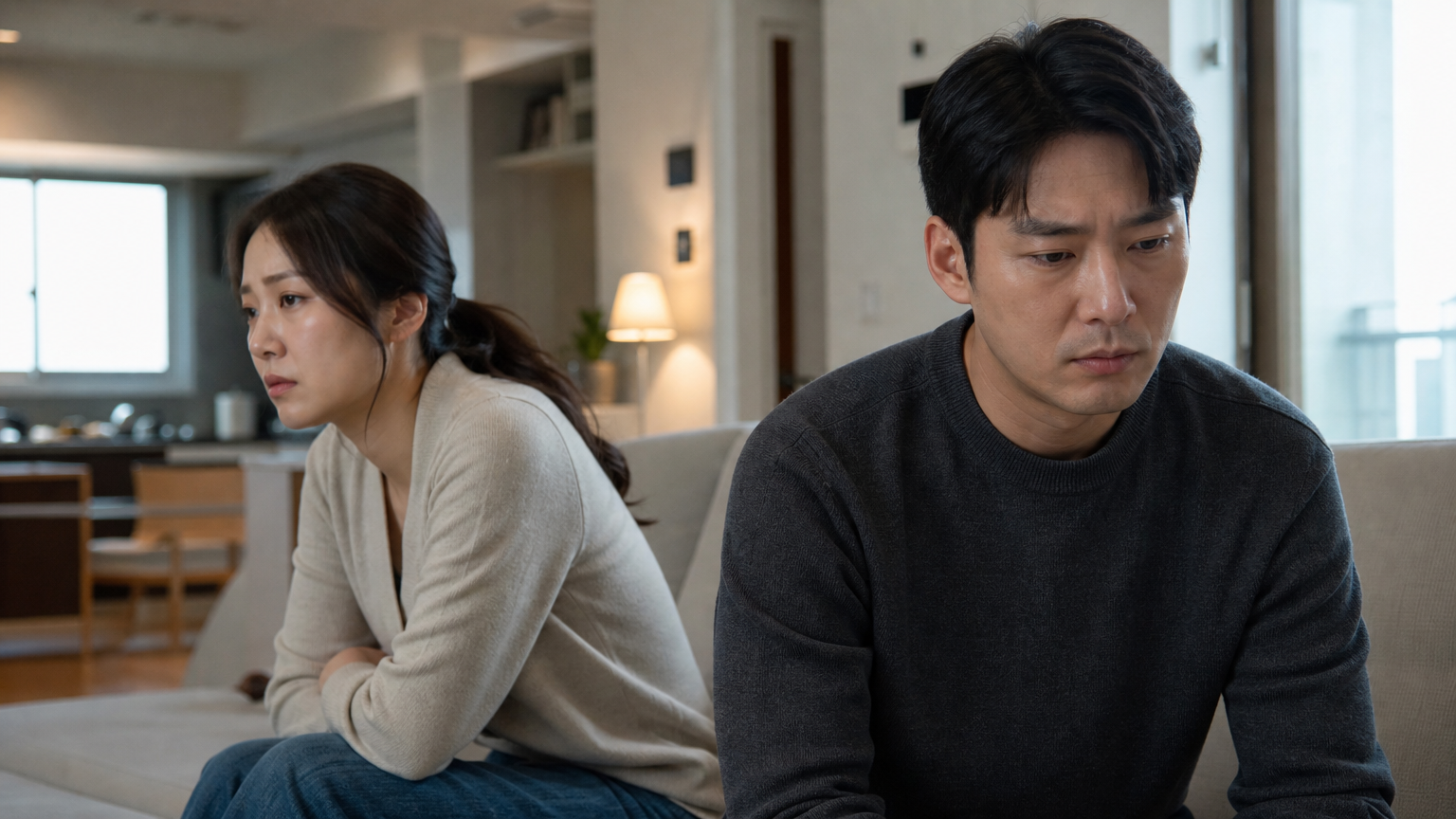 현대 가정 환경 속에서 긴장된 분위기의 한국 커플 모습