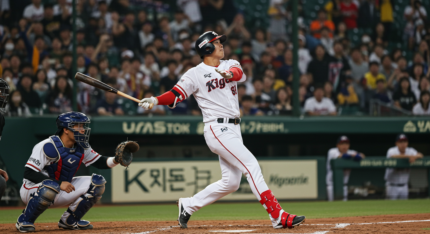 기아 타이거즈 선수의 홈런 장면과 열광하는 관중들