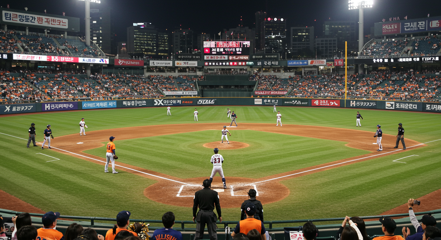 서울 잠실 경기장에서 LG 트윈스와 롯데 자이언츠가 격렬하게 경기를 펼치는 장면