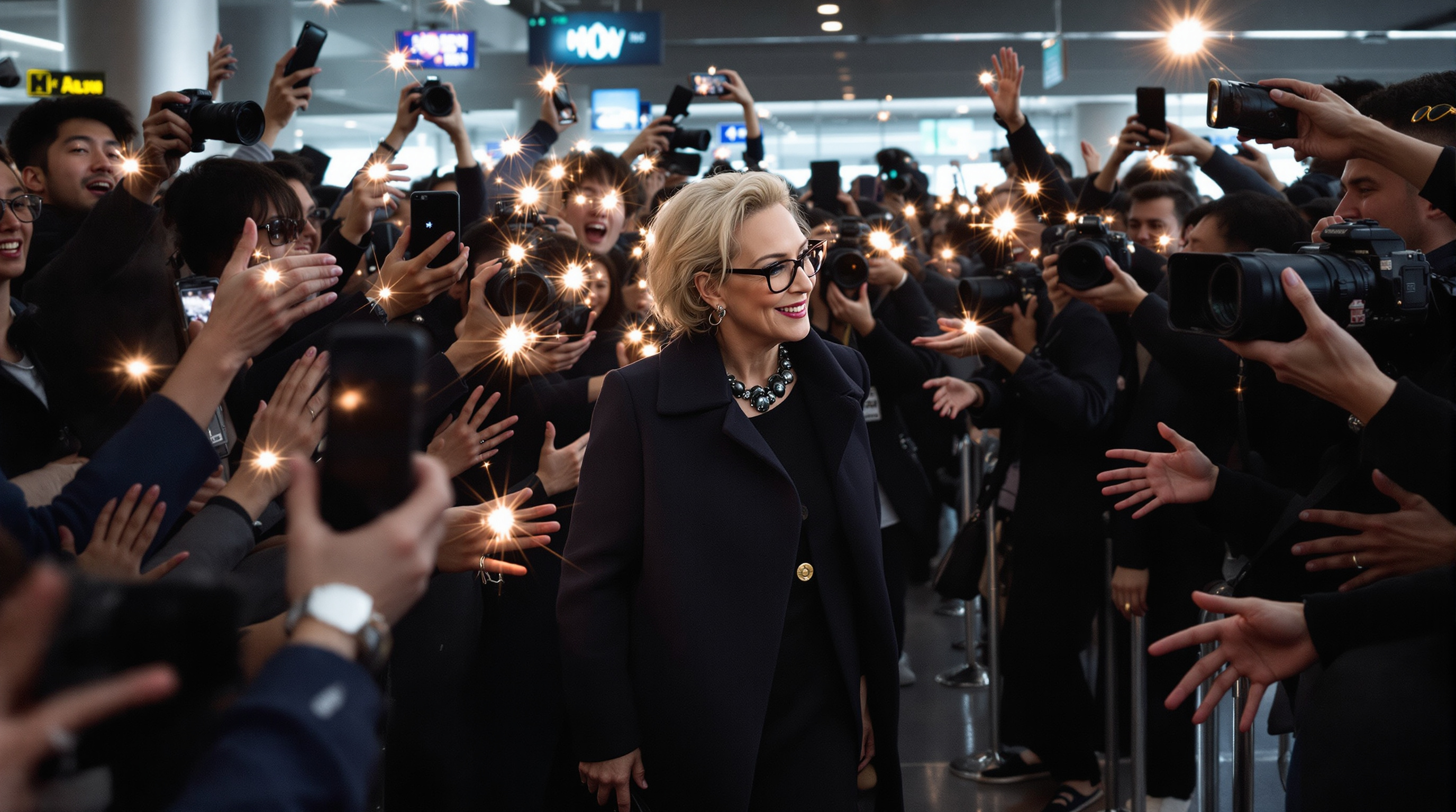 인천공항에 도착한 메릴 스트립이 팬들의 환영을 받는 모습