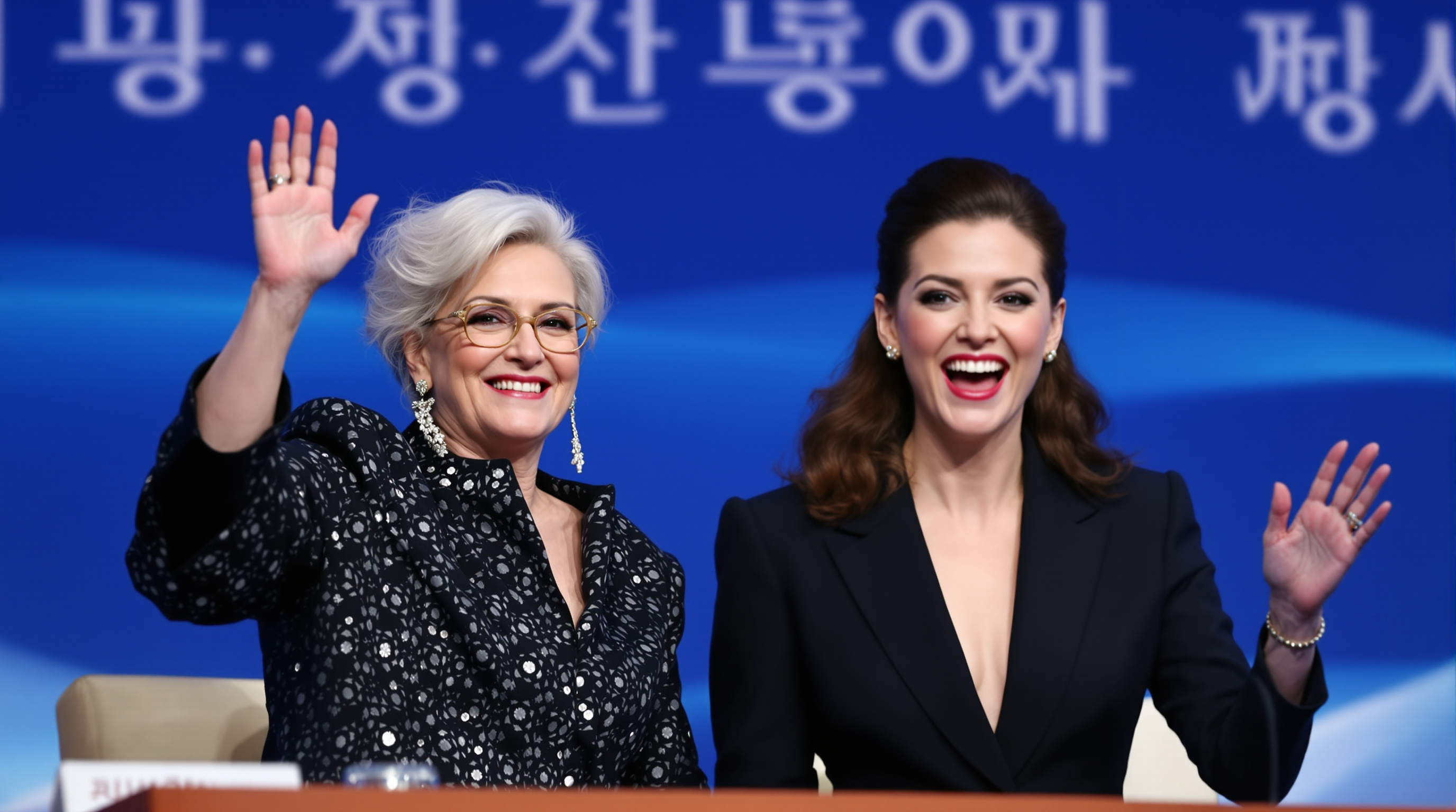 서울 기자회견에서 웃으며 인사하는 두 배우