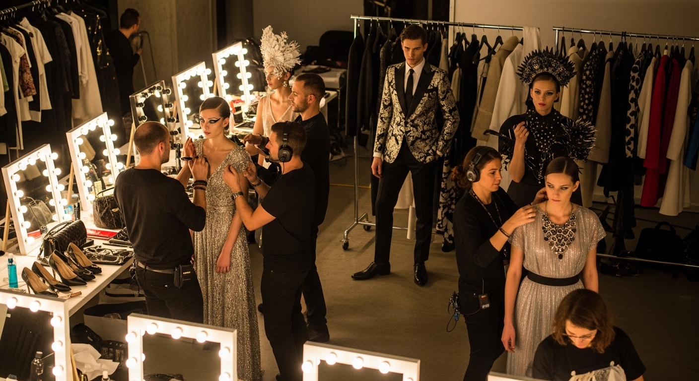 밀라노 패션쇼 세트장에서 스타일리시한 복장의 배우들