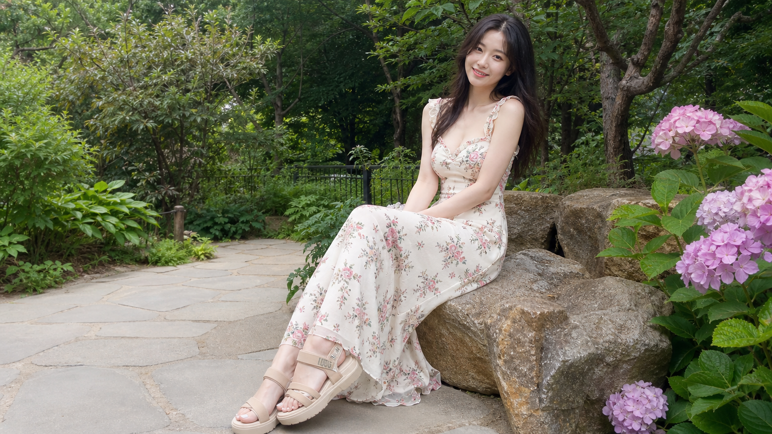 한적한 정원에서 우아한 어그 샌들과 플로럴 맥시 드레스를 입고 있는 여성