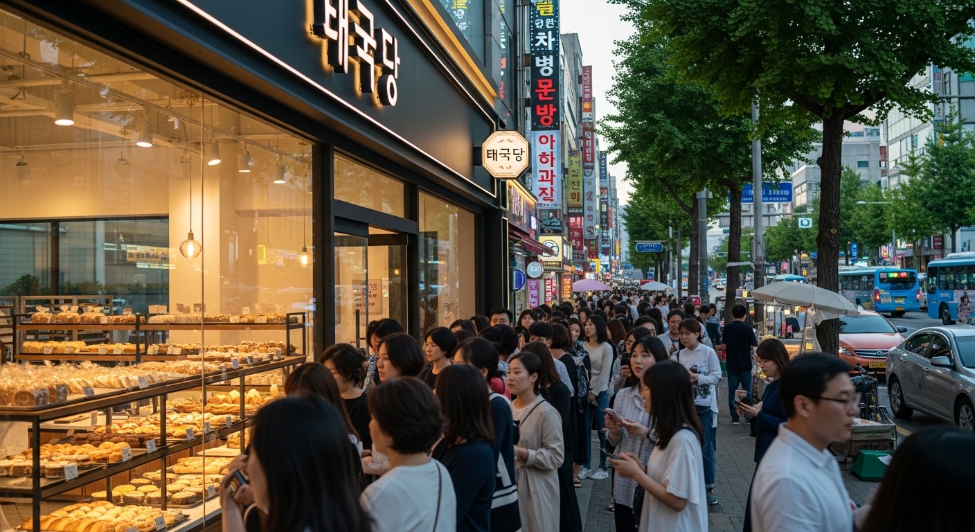 서울 거리의 현대적인 빵집 앞에 줄 서 있는 사람들
