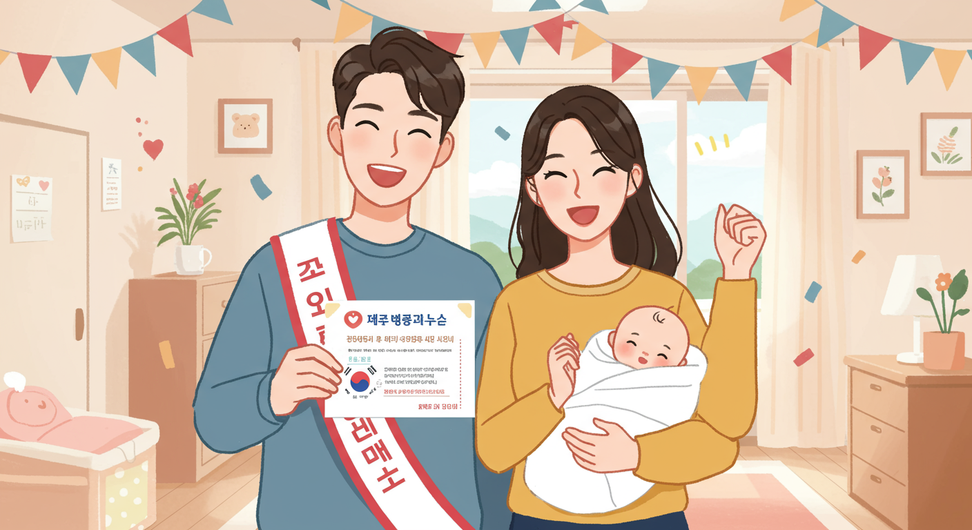 새로 부모가 된 한국 부부가 집에서 정부 발급 바우처를 들고 기뻐하는 모습