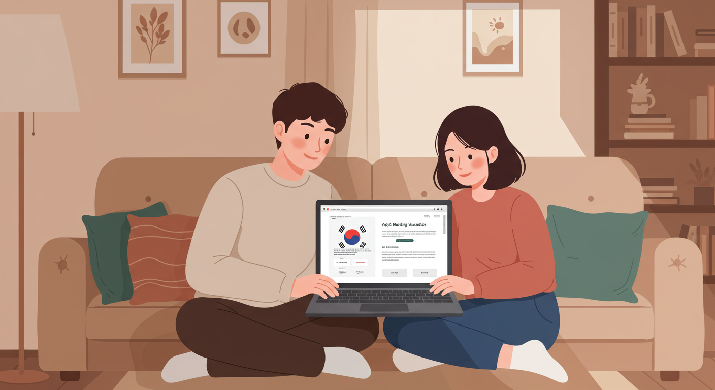 한국 부부가 집에서 노트북을 통해 첫만남이용권을 신청하는 모습