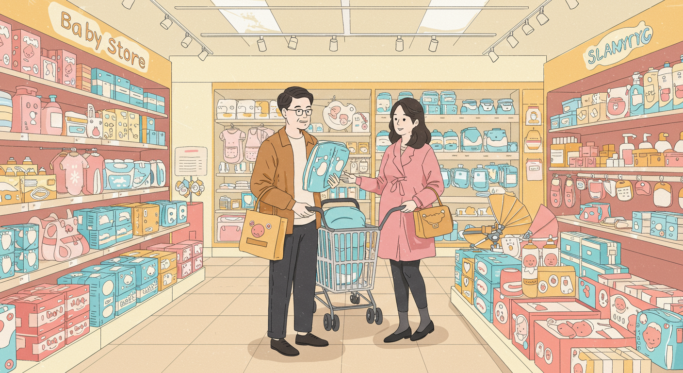 다양한 육아 용품을 고르고 있는 한국 부모들의 모습