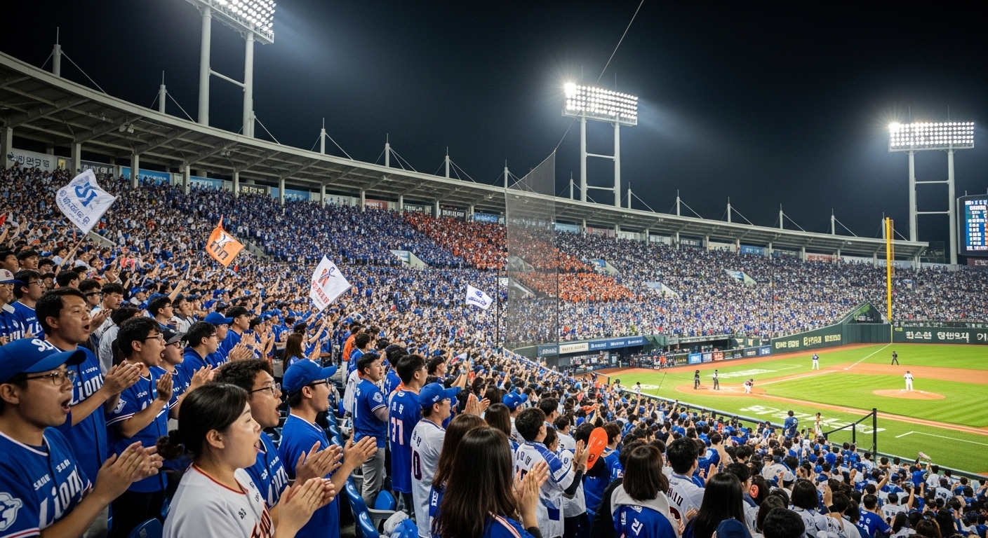 대구 야구장에서 삼성 라이온즈와 한화 이글스 유니폼을 입고 응원하는 팬들로 가득 찬 모습