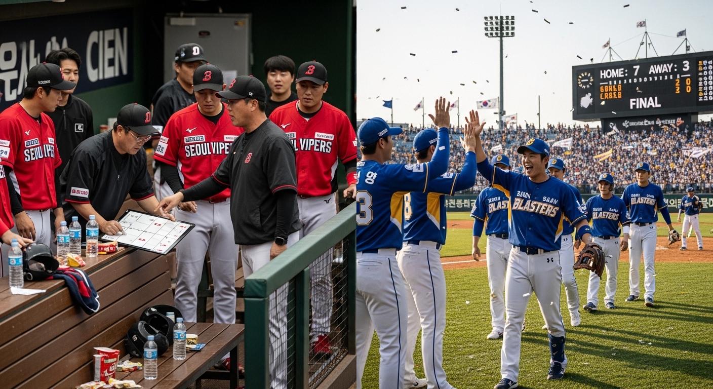 두 개의 상반된 야구팀 장면; 하나는 전략을 논의하는 긴장된 선수들과 코치들, 다른 하나는 자신감 넘치는 모습