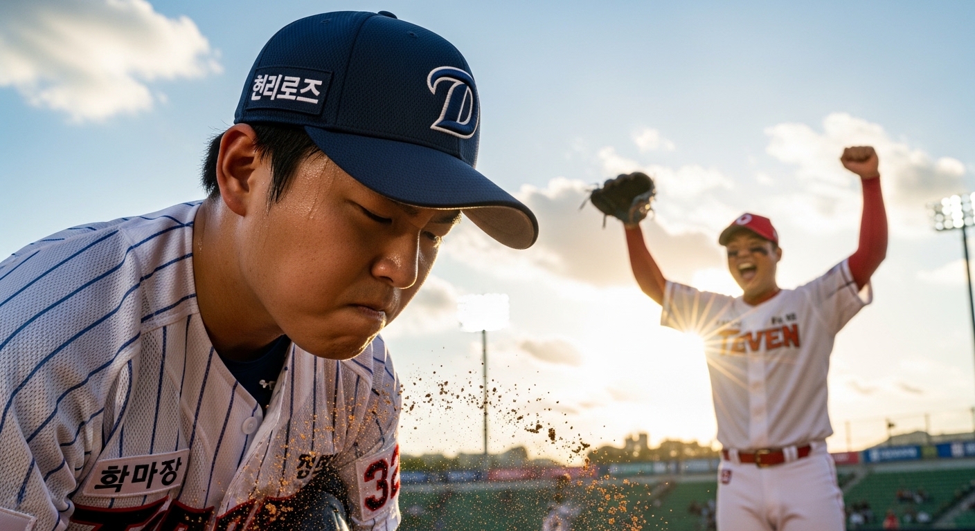 마운드에서 준비 자세를 취하고 있는 두 한국인 투수; 한 명은 집중하며 투구를 준비하고 다른 한 명은 삼진 후 기뻐하는 모습