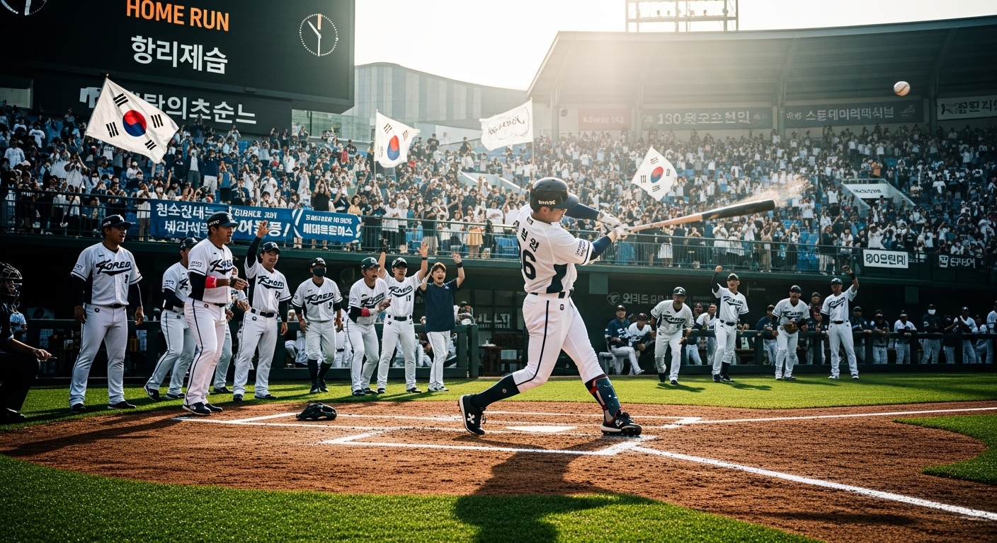 홈런을 치고 홈 플레이트에서 동료들과 함께 축하하는 역동적인 한국인 선수들