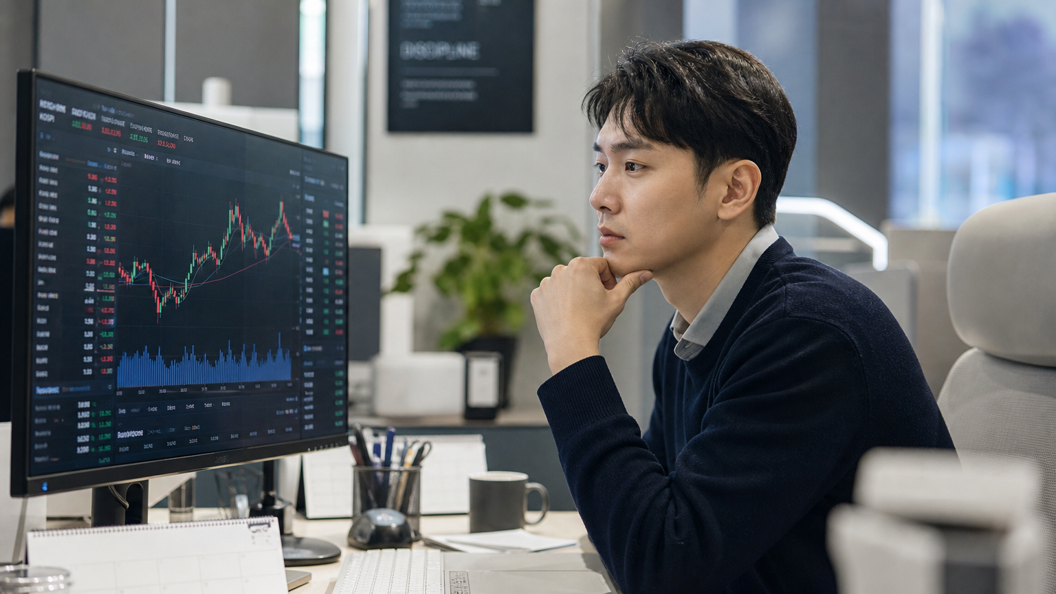 현대적인 사무실에서 컴퓨터 화면을 통해 금융 차트를 분석하는 직장인의 모습