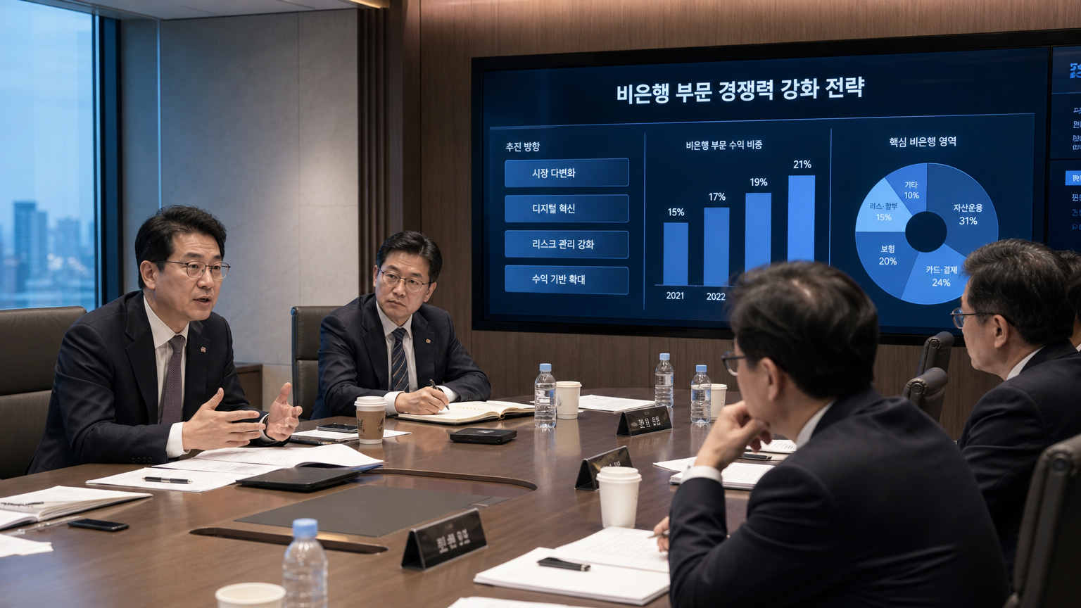 현대적인 회의실에서 디지털 프레젠테이션 화면과 함께 비은행 부문 강화를 위한 전략을 논의하는 금융 임원들