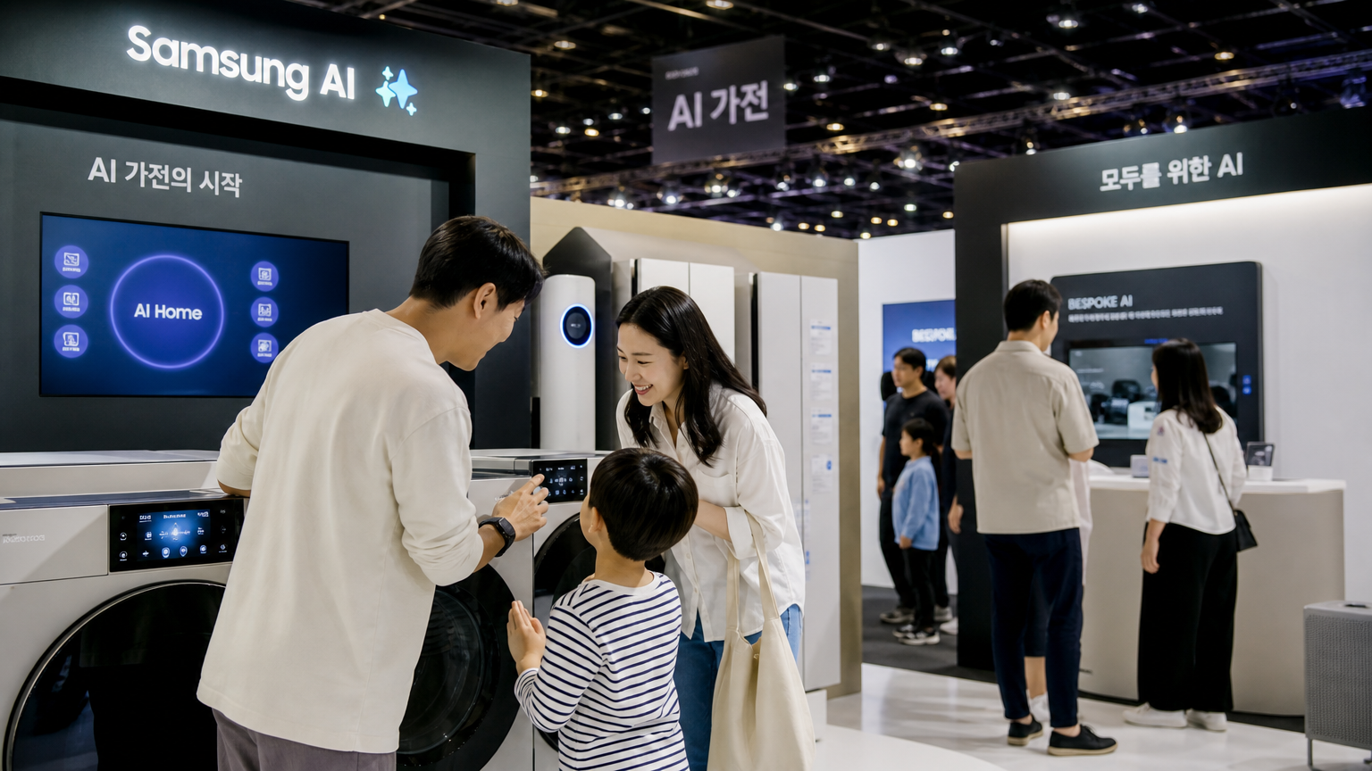 현대적인 한국 가족들이 AI 가전 제품을 체험하는 박람회 현장