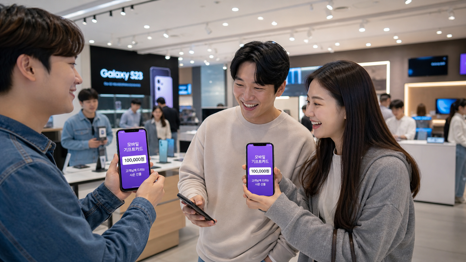 전자제품 매장에서 디지털 상품권을 스마트폰으로 받는 한국 소비자들