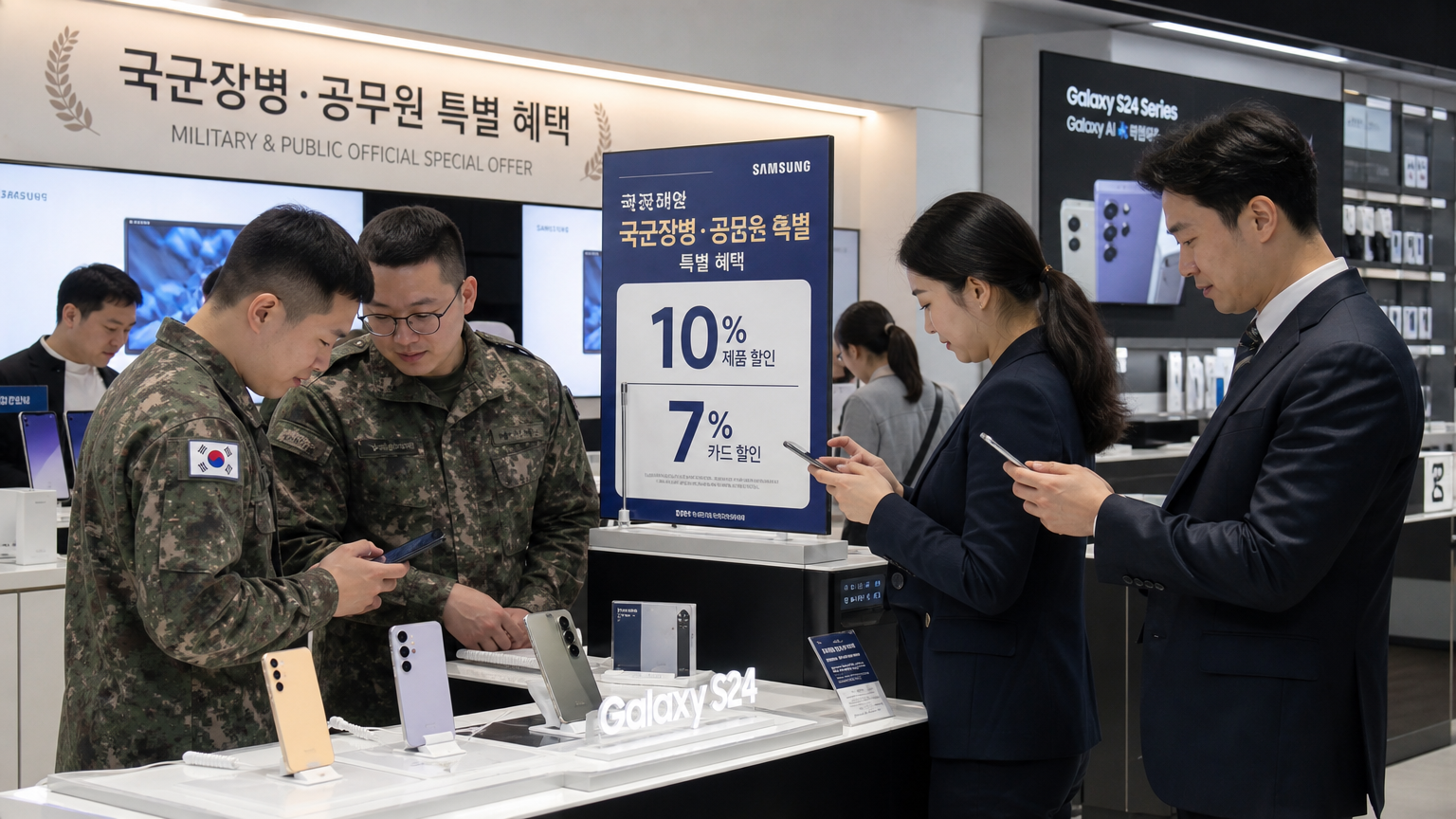 제복 공무원들이 특별 할인을 받으며 쇼핑하는 모습