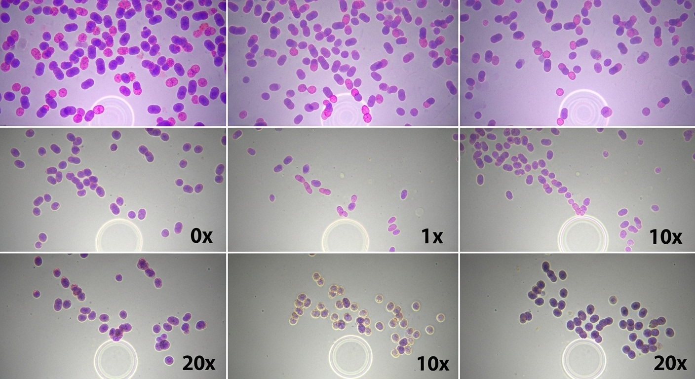 현미경 아래서 항생제가 민감한 균에서 내성균으로 변해가는 과정