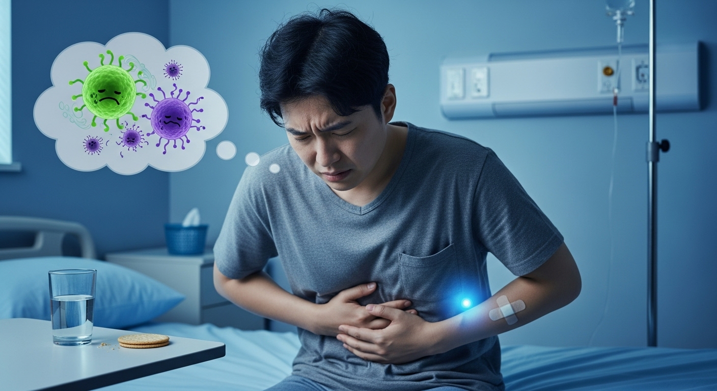 항생제로 인해 장내 균형이 깨지고 소화불량 증상을 보이는 한국 환자