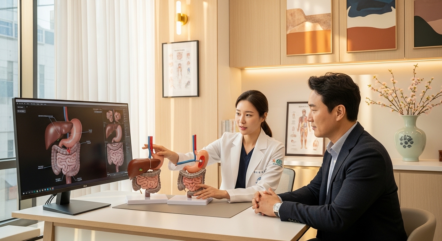 병원에서 의사가 소화 기관 모형으로 환자에게 위와 간 건강 설명