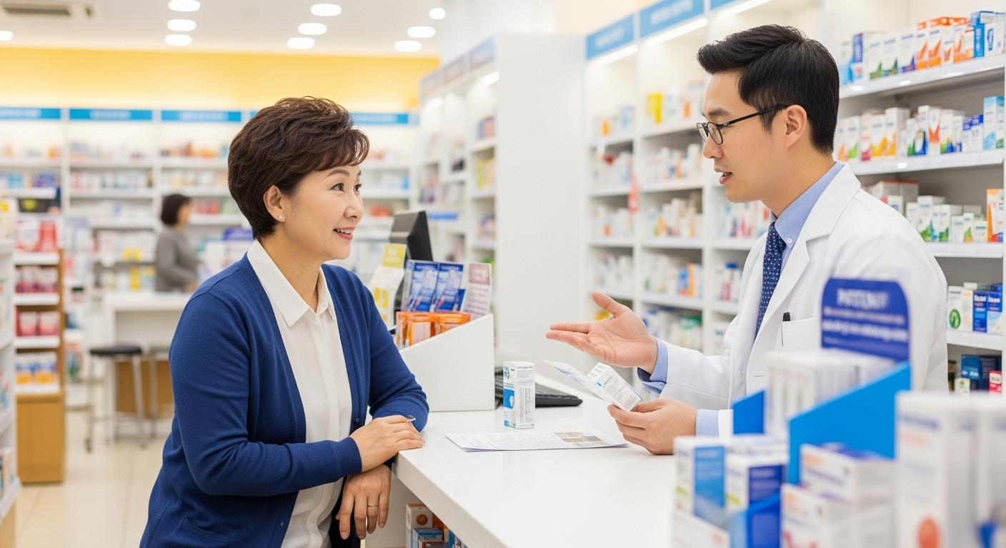 약국에서 간장약 상담 중인 모습