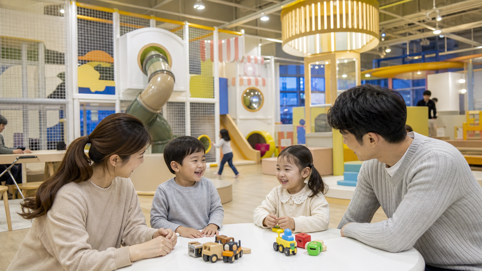 실내에서 아이들과 함께 놀이기구를 즐기는 부모들