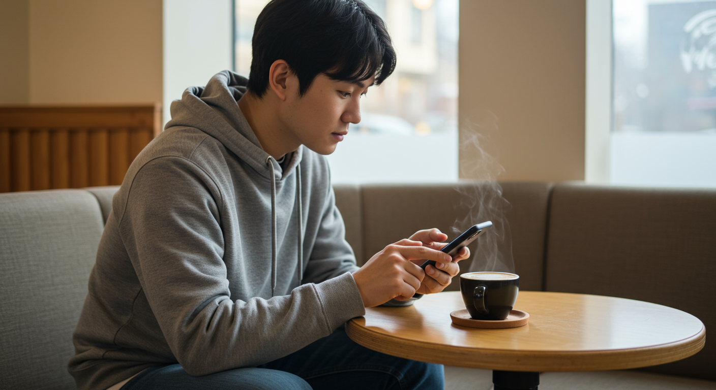 카페에서 스마트폰 앱으로 계정을 충전하는 젊은 남성