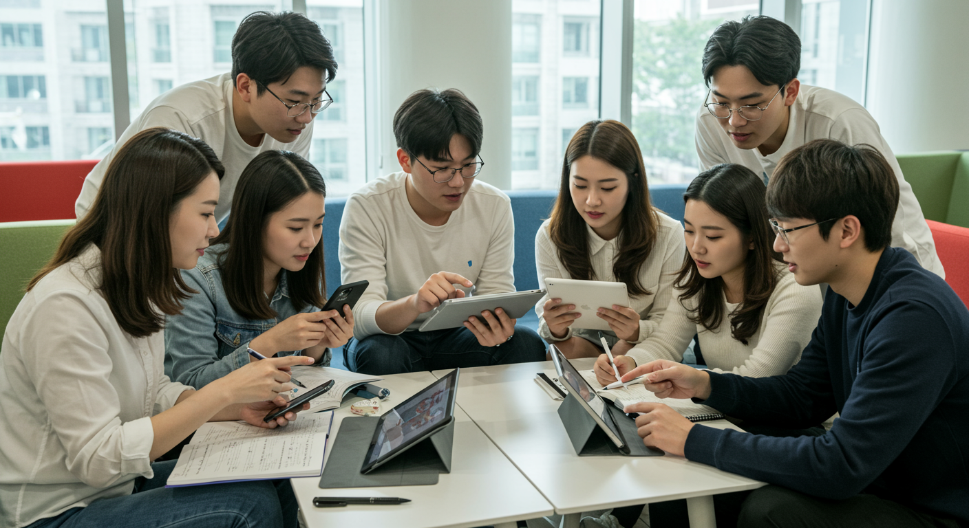 대학 라운지에서 태블릿과 스마트폰으로 배팅 전략을 분석하는 학생들