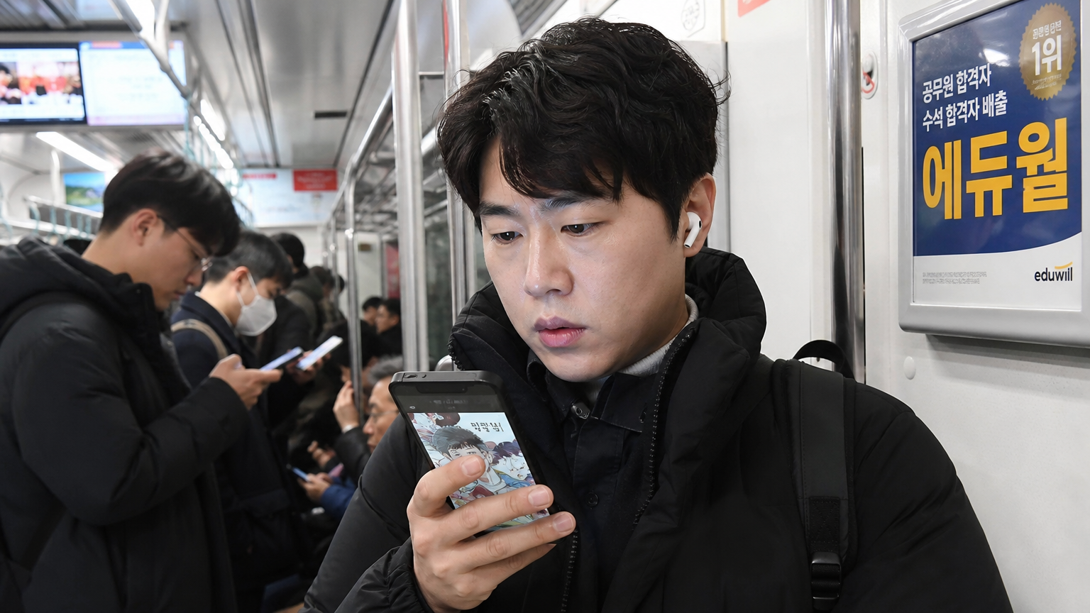 서울 지하철에서 스마트폰으로 인기 웹툰을 집중해서 읽는 현대적인 직장인의 모습