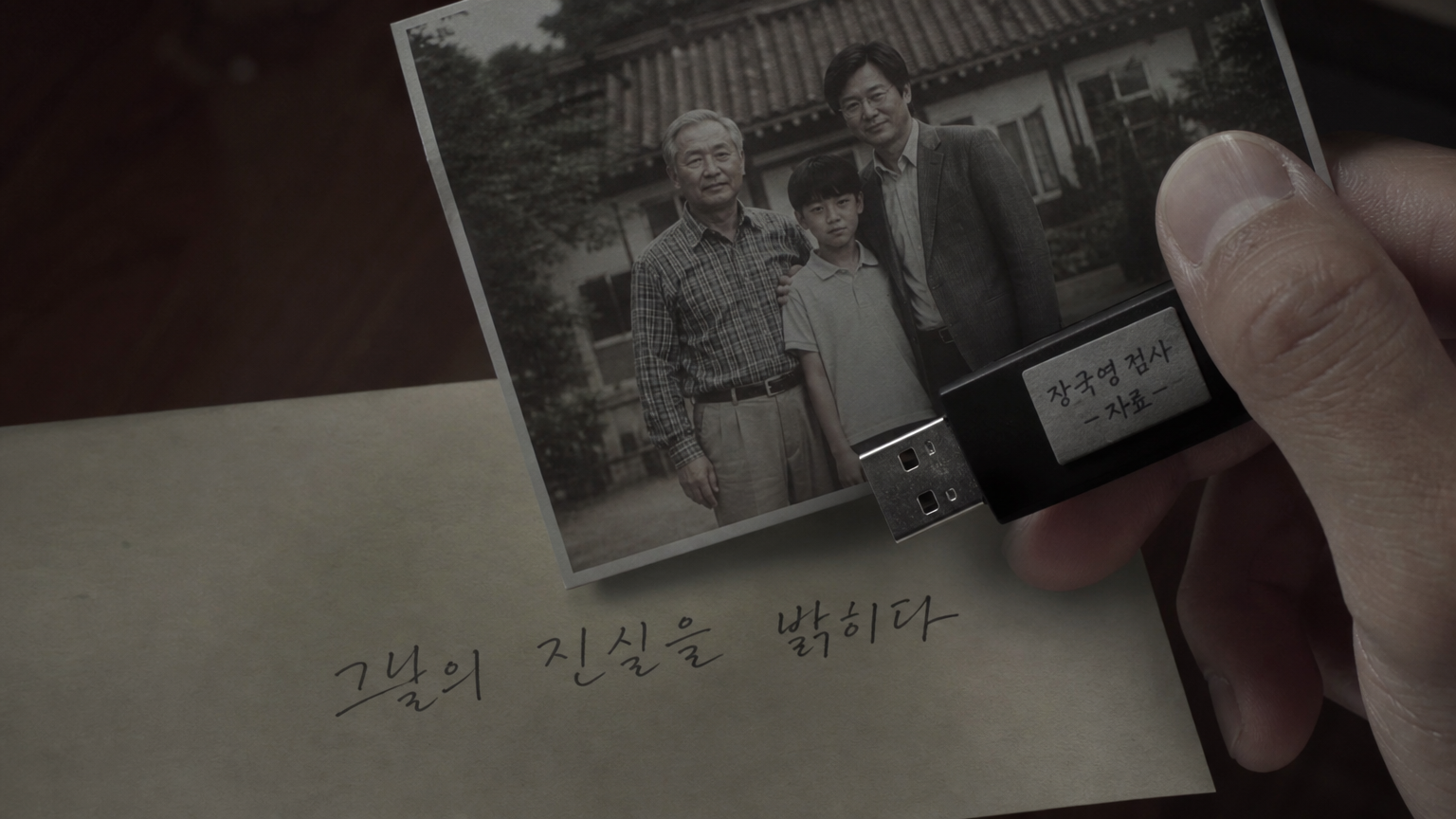 한국 웹툰의 과거 사진과 USB 드라이브가 클로즈업된 신비로운 플래시백 장면