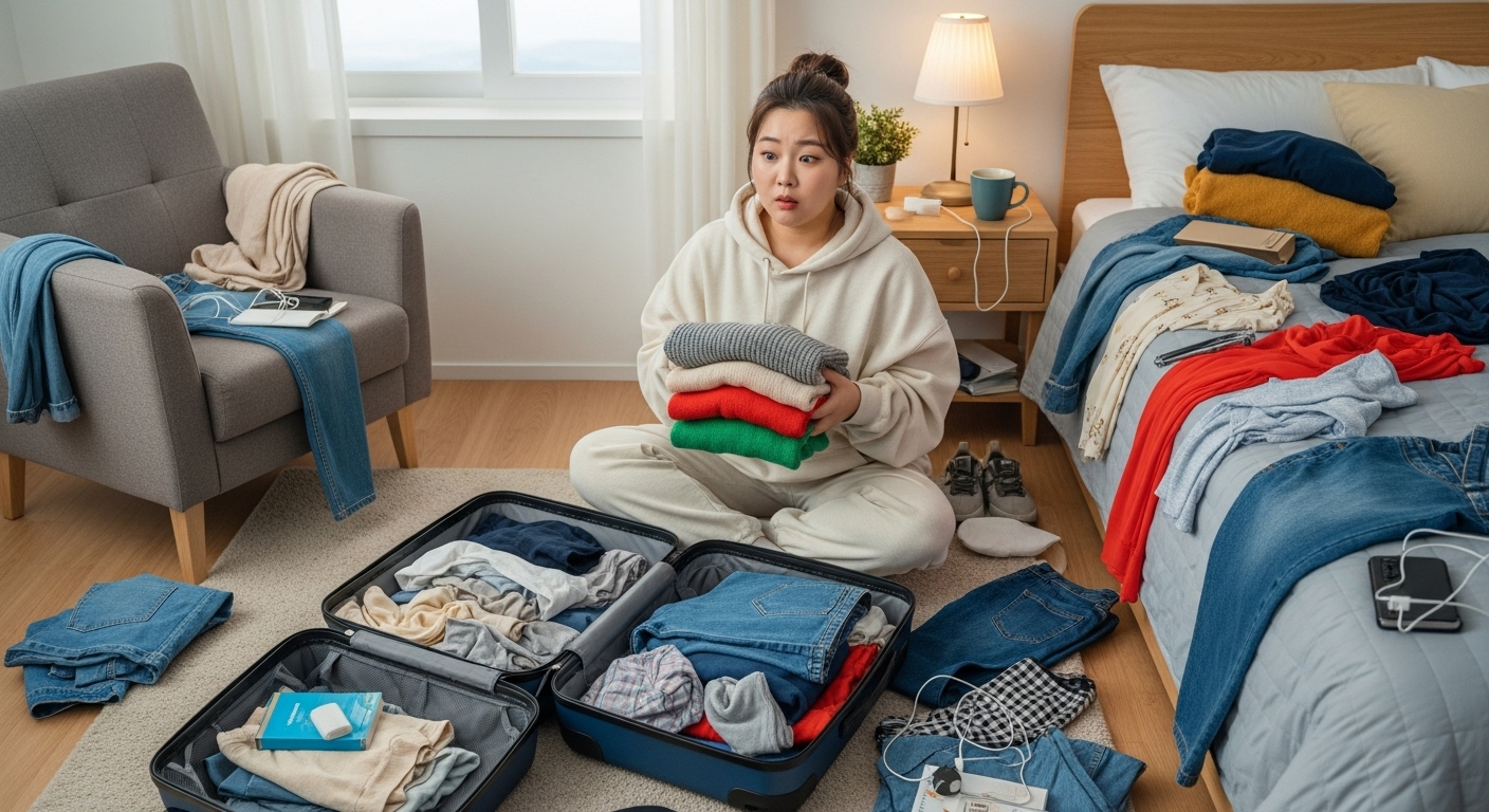 젊은 여행자가 침실에서 짐을 정리하며 고민하는 모습