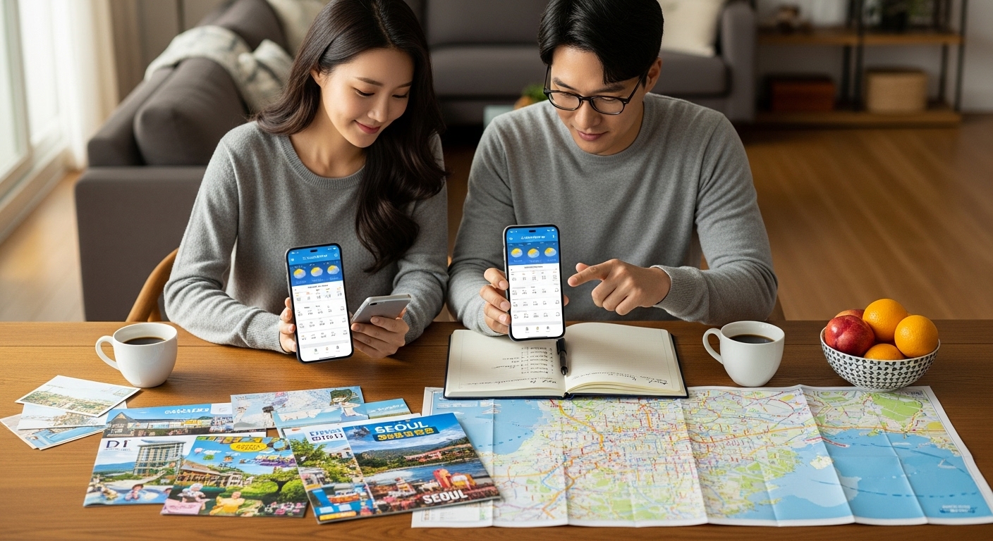 날씨 앱과 체크리스트를 확인하며 여행 준비하는 커플
