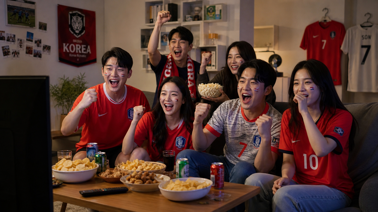 다양한 친구들이 축구 유니폼을 입고 거실에서 축구 경기를 시청하는 모습