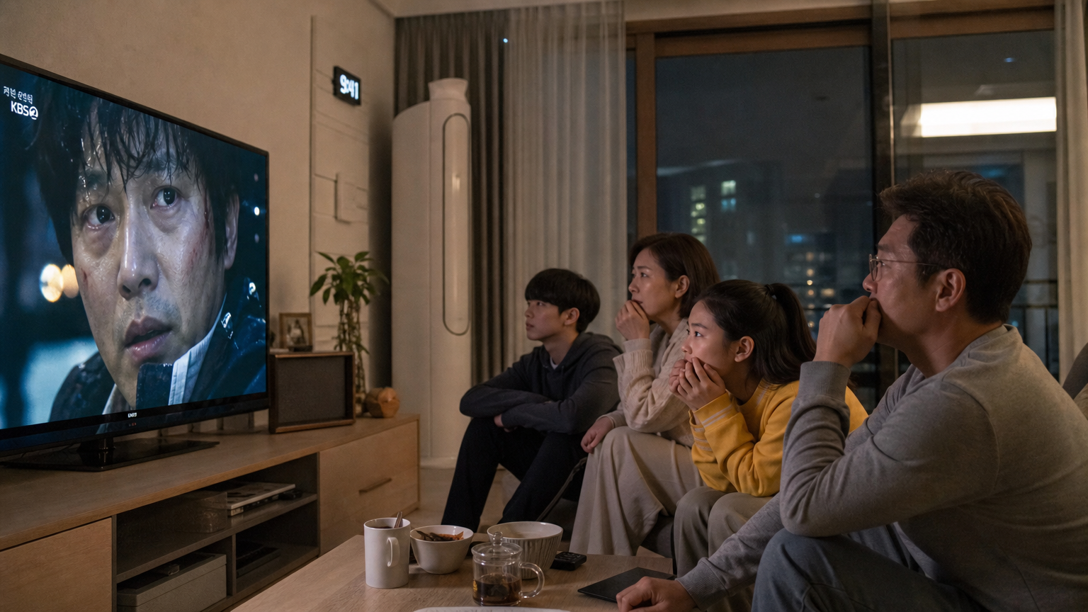 가족이 거실에서 드라마를 집중해서 시청하는 모습