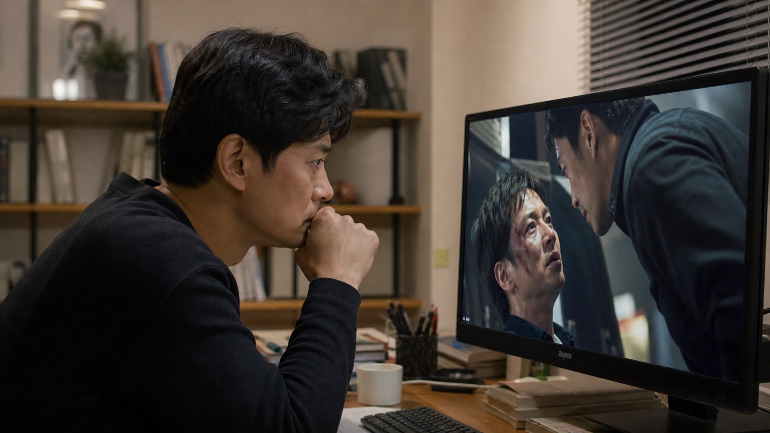 남성이 컴퓨터 앞에서 긴장하며 드라마를 보는 장면