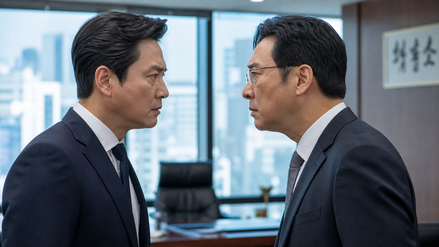 현대식 사무실에서 두 사업가가 심각하게 대립하는 장면