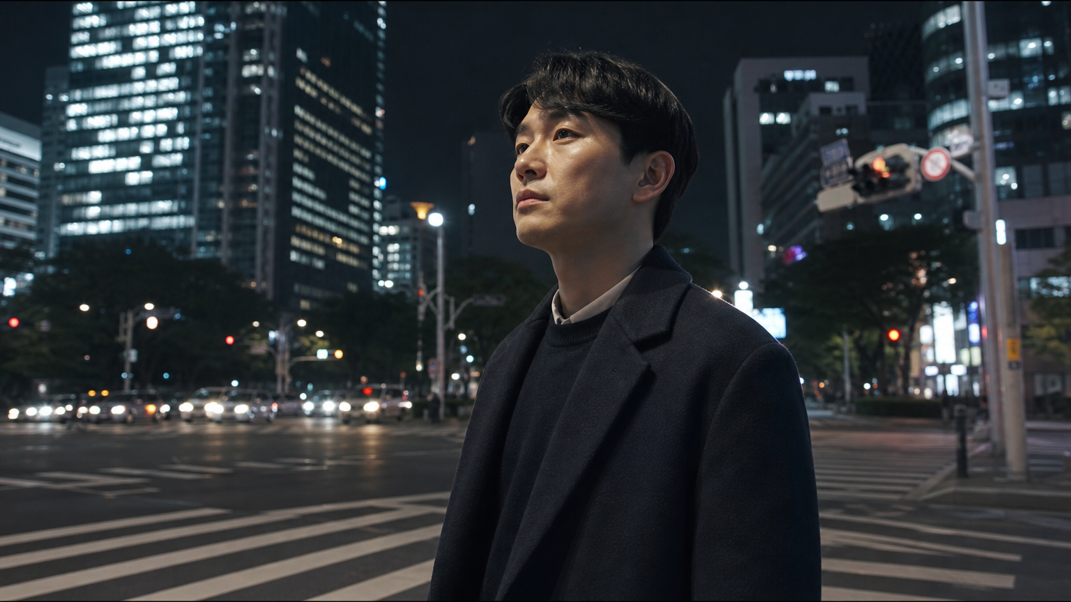 도시 한복판에서 깊은 고민에 빠진 남성이 교차로에 서 있는 모습