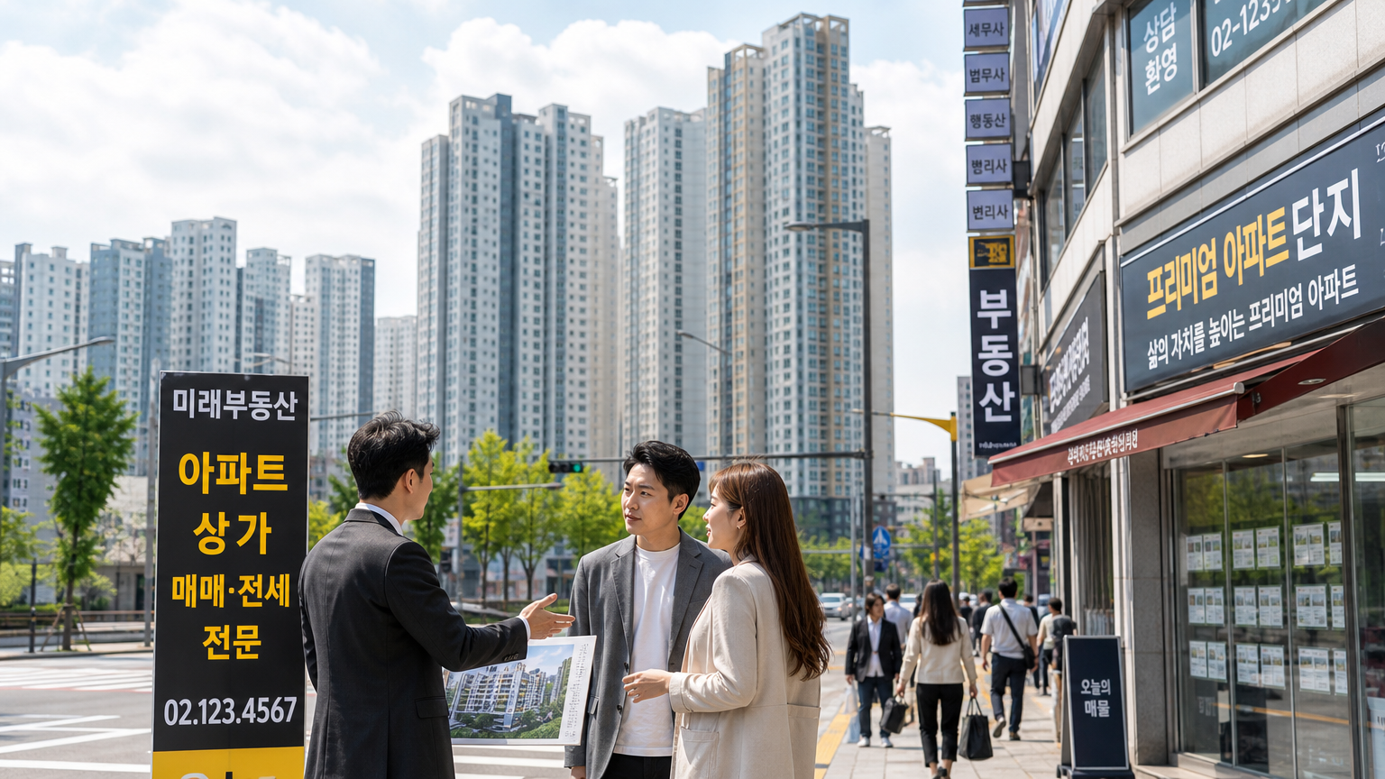 현대적인 서울 도심 속 높은 아파트 건물과 부동산에 대해 이야기하는 사람들