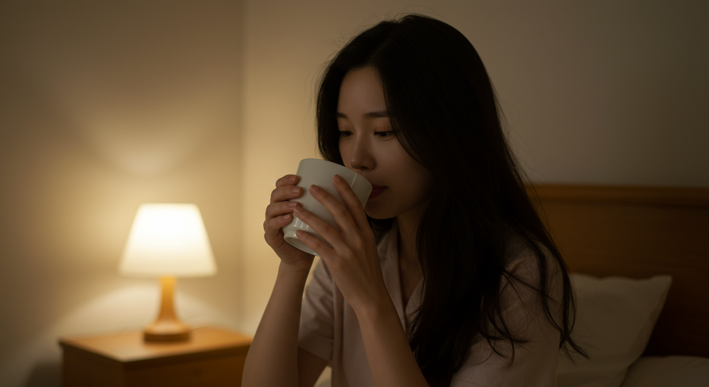 따뜻한 물을 마시는 한국 여성의 평온한 모습