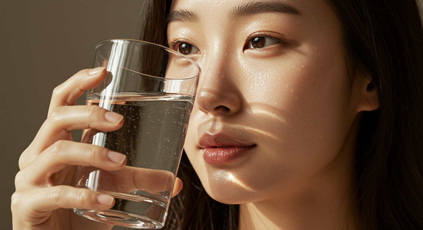 촉촉한 피부와 물잔을 든 한국 여성의 클로즈업 이미지