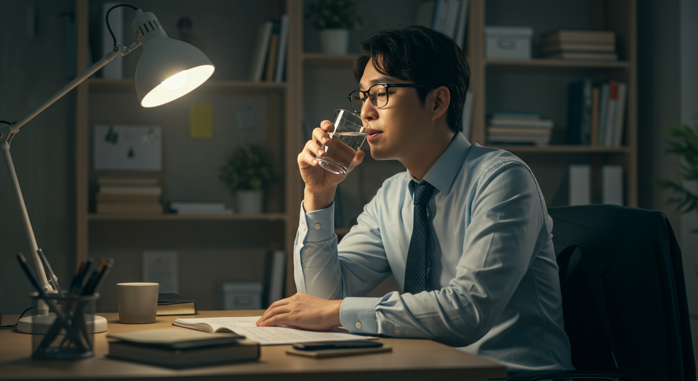 집에서 업무 후 물을 마시며 휴식을 취하는 직장인의 모습
