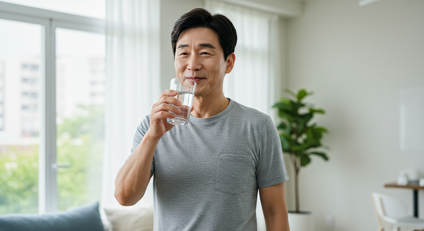 심혈관 건강을 위해 생활 습관으로 물을 마시는 중년 남성
